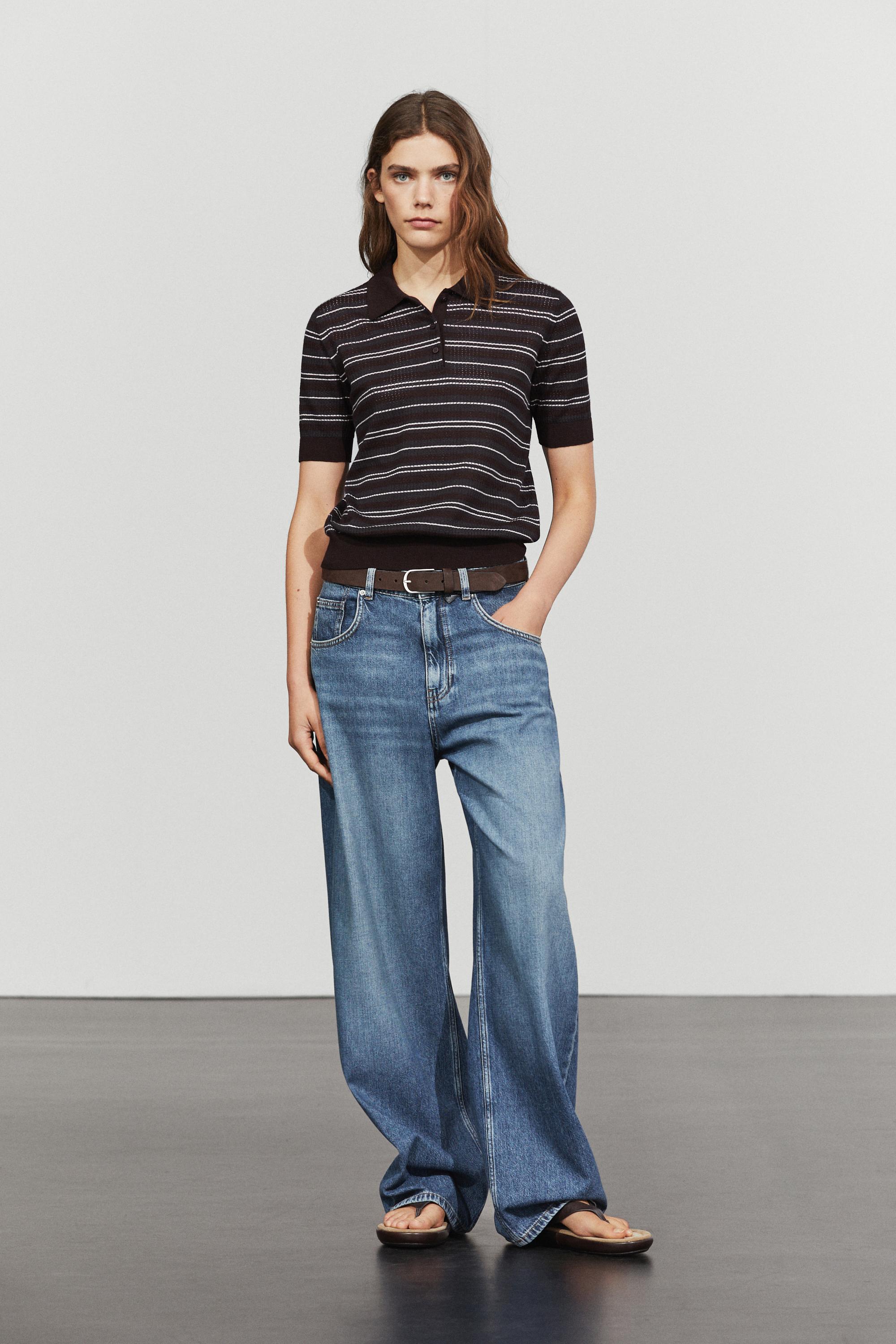 Cotton blend striped open-knit polo shirt